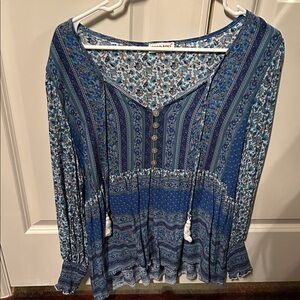 NEW Chic Boho Blue Patterned Blouse